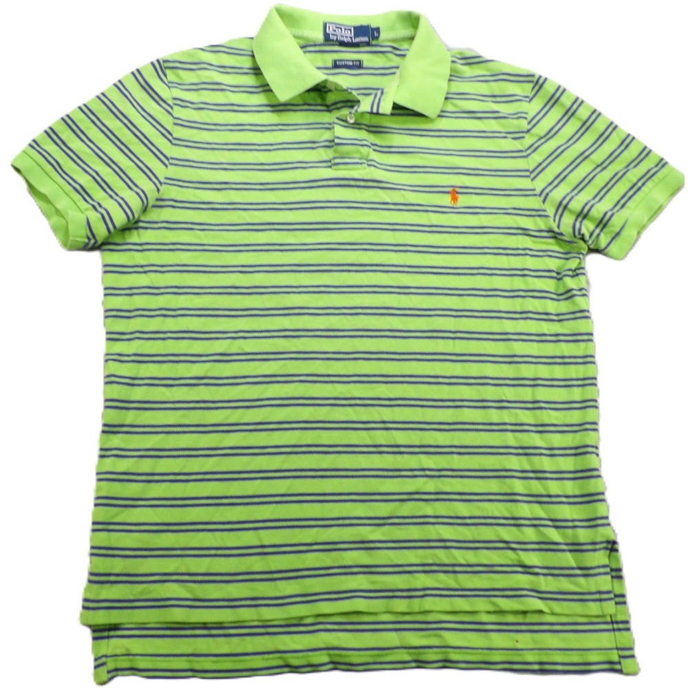 VTG Polo Ralph Lauren Striped Polo Shirt Men L Green Purple Custom Fit Cotton 90